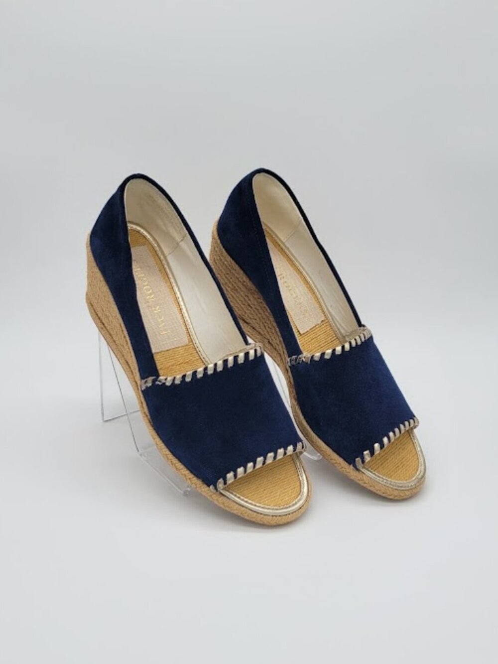 JACK ROGERS Palmer Wedge Espadrille Women’s Size 9.5 Navy Blue Suede Peep Toe